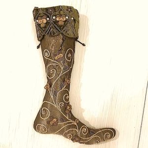 Olive green & gold embroidered silk Christmas Stocking